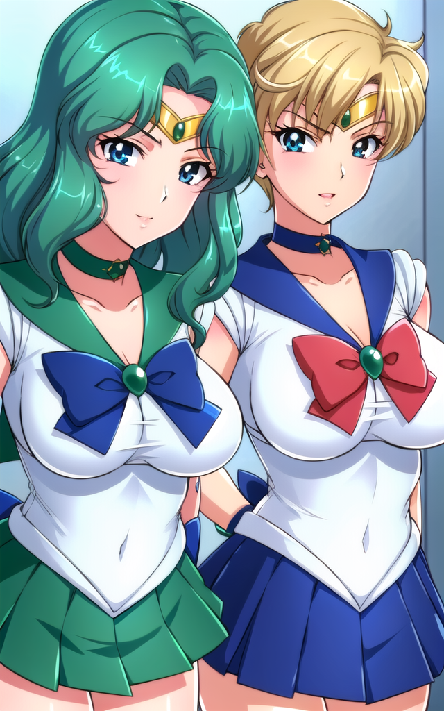 07427-3793099156-2girls, _lora_HaruMichiV3_0.7_, tenouharuka, KaiouMichiru, tenouharukaandkaioumichiru, blonde_hair, green_hair, large breasts, s.png